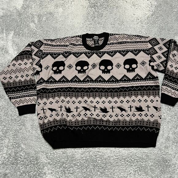 Social Collision Sweater Womens Medium Black & Gray Crow Goth Punk - Picture 1 of 7